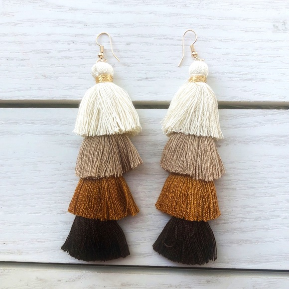 Jewelry - Tan Jumbo Earrings Gradient Silk Tassel Bohemian